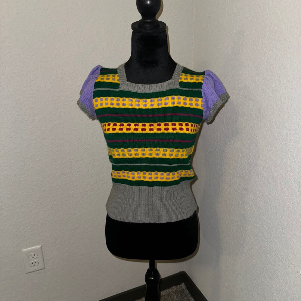 Vintage Risa Sweater Vest Lavender Green‎ Gray Striped Ruffle Sleeves Women's M